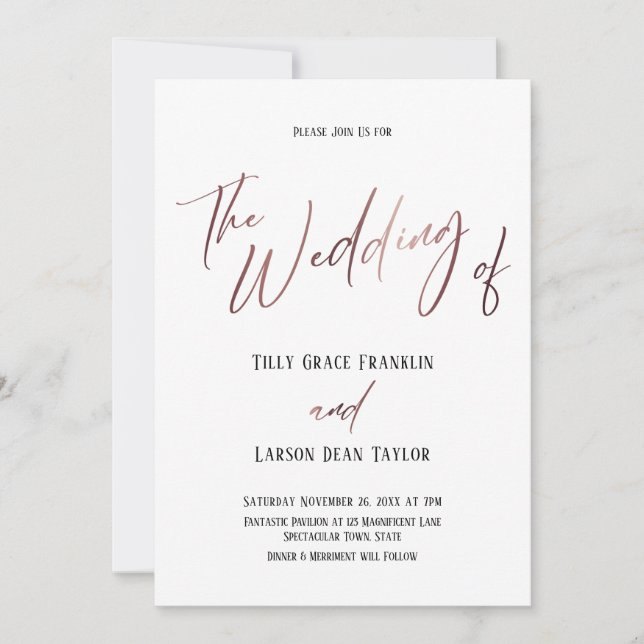 Invitation Rose Gold Calligraphie Simple Le Mariage De (Devant)