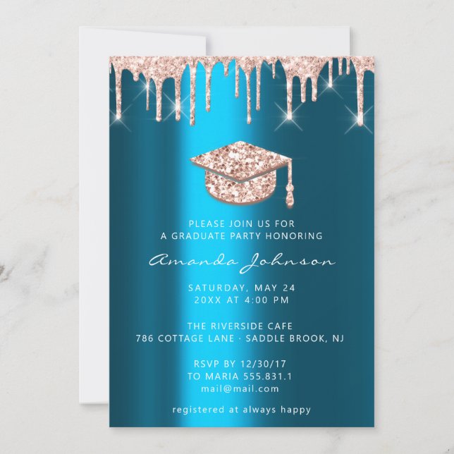 Invitation Rose  Gold Casquette 3D Glam Turquoise Bleu (Devant)