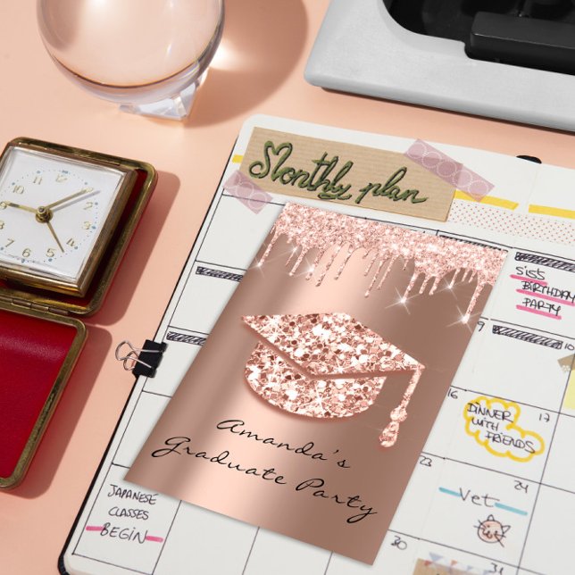 Invitation Rose Gold Casquette 3D Glamy (Graduate Party Drips Rose Gold Cap 3D Glamy Invitation)