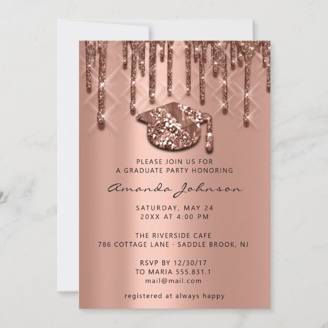 Invitation Rose Gold Casquette 3D gouttes de la fête des dipl (Devant)