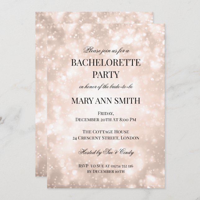 Invitation Rose Gold Champagne Bokeh Bachelorette Party (Devant / Derrière)