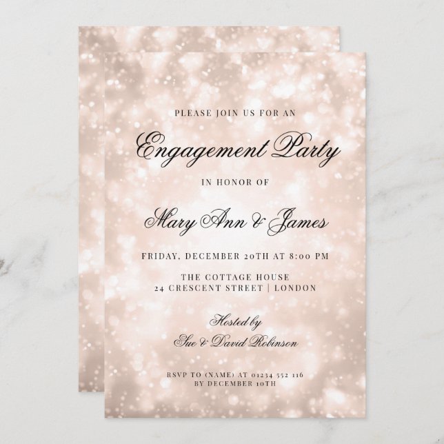 Invitation Rose Gold Champagne Bokeh Elegant Engagement Party (Devant / Derrière)