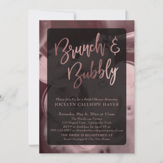 Invitation Rose Gold Champagne Brunch & Bubbly Écriture manus (Devant)