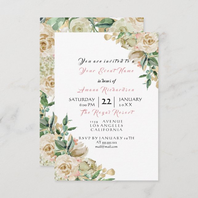Invitation Rose Gold Champagne Floral Anniversaire Mariage (Devant / Derrière)