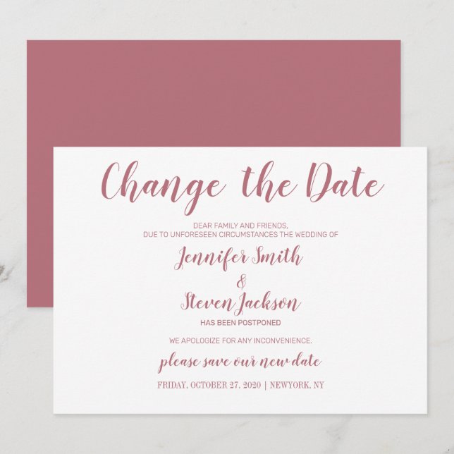 Invitation Rose Gold Changement de date Plans Reportés Mariag (Devant / Derrière)