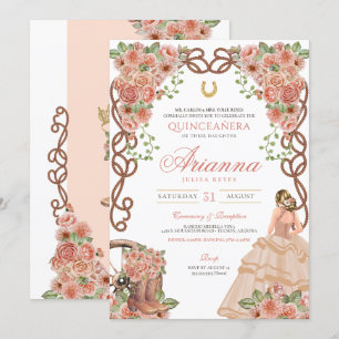 Invitation Rose Gold Charra style occidental Floral Quinceañe