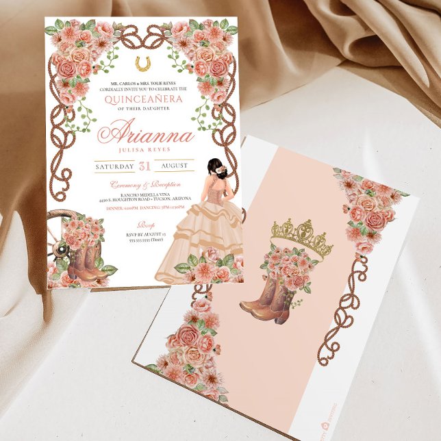 Invitation Rose Gold Charra style occidental Floral Quinceañe (Créateur téléchargé)