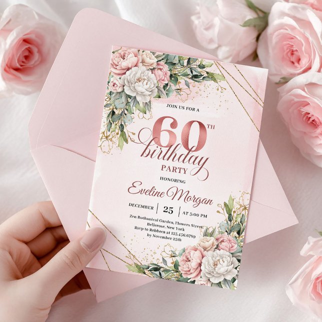 Invitation Rose Gold Chic Blush Rose Florale 60e Anniversaire (Chic Rose Gold Blush Pink Floral 60th Birthday Invitation)