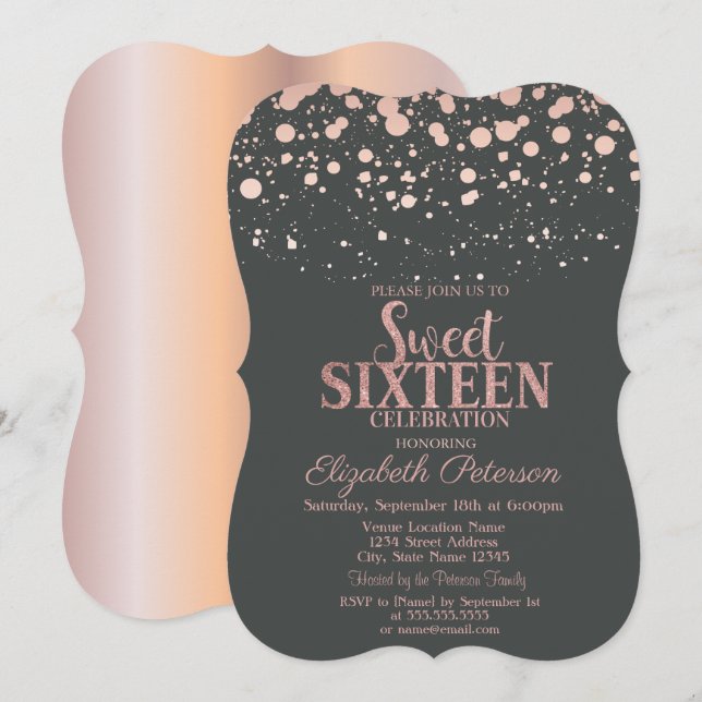 Invitation Rose Gold Chic Points Gris Douce 16 (Devant / Derrière)
