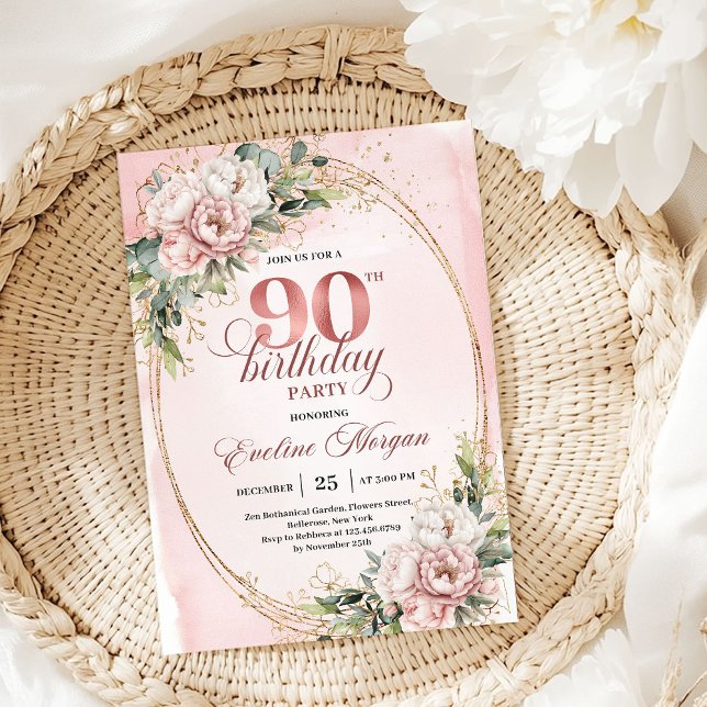 Invitation Rose Gold Classique Florale 90e Anniversaire  (Classic Rose Gold Floral Greenery 90th Birthday Invite)