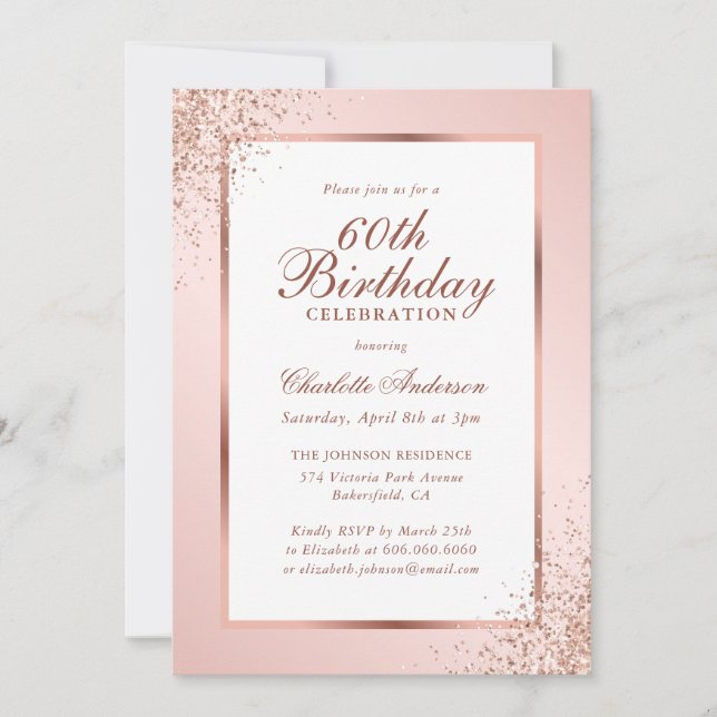 Invitation Rose Gold Confetti Blush Pink 60e anniversaire (Devant)