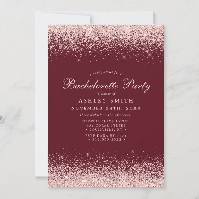 Invitation Rose Gold Confetti Bourgogne Moderne Bachelorette (Devant)