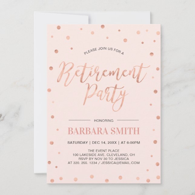 Invitation Rose Gold Confetti | Fête de retraite moderne (Devant)