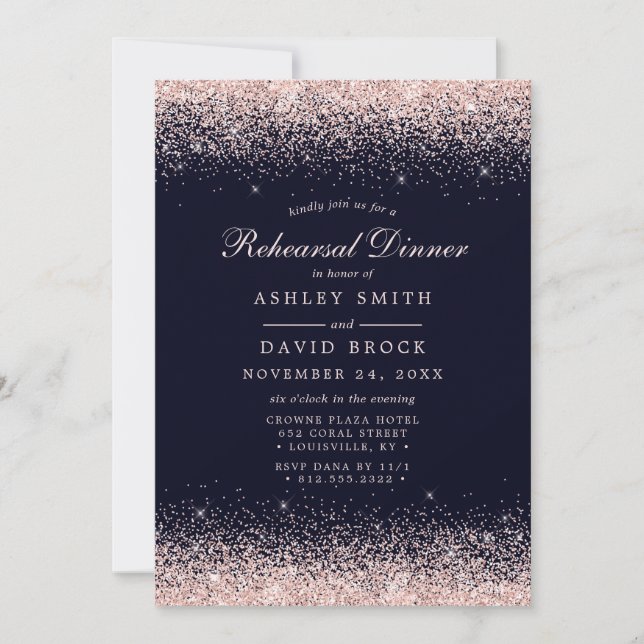 Invitation Rose Gold Confetti Marine Bleu Répétition moderne (Devant)