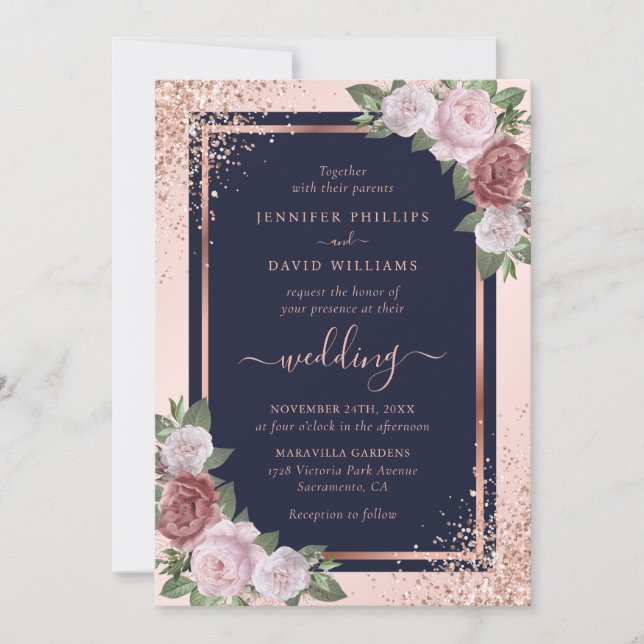 Invitation Rose Gold Confetti Marine Blue Blush Floral Mariag (Devant)