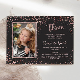 Invitation Rose Gold Confetti Moderne 3ème anniversaire Fille