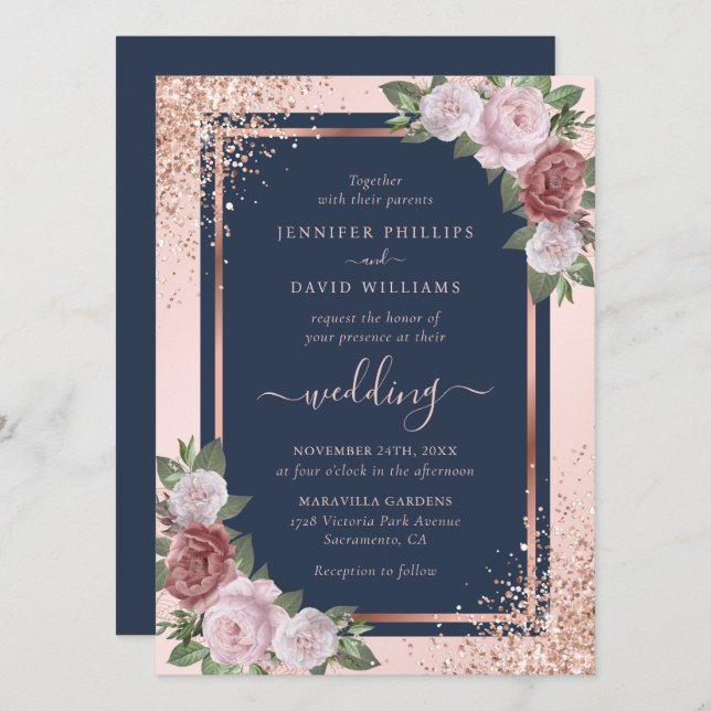 Invitation Rose Gold Confetti Parties scintillant Marine Blue (Devant / Derrière)