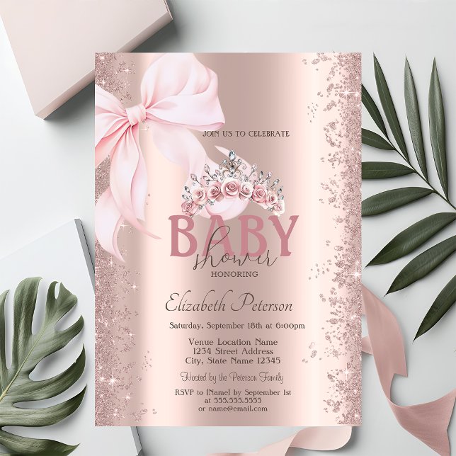 Invitation Rose Gold Confetti Pink Bow Crown Baby Shower (Créateur téléchargé)