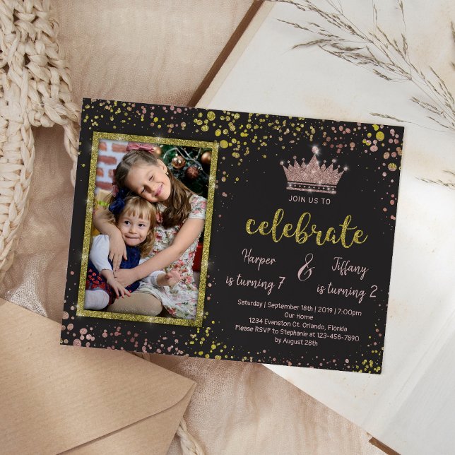 Invitation Rose Gold Confetti PRINCESS Frends Joint Birthday (Créateur téléchargé)