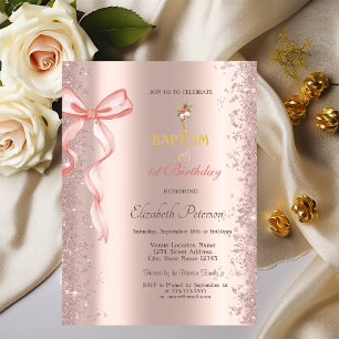 Invitation Rose Gold Confettis Rose Ruban Baptême et Annivers