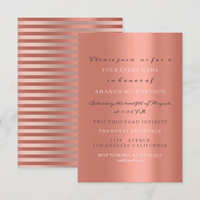 Invitation Rose Gold Copper Stripes Élégante nuptiale Anniver (Devant / Derrière)