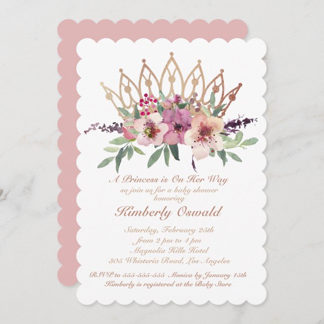 Invitation Rose Gold Couronne Blush rose Floral Baby Girl Dou (Devant / Derrière)