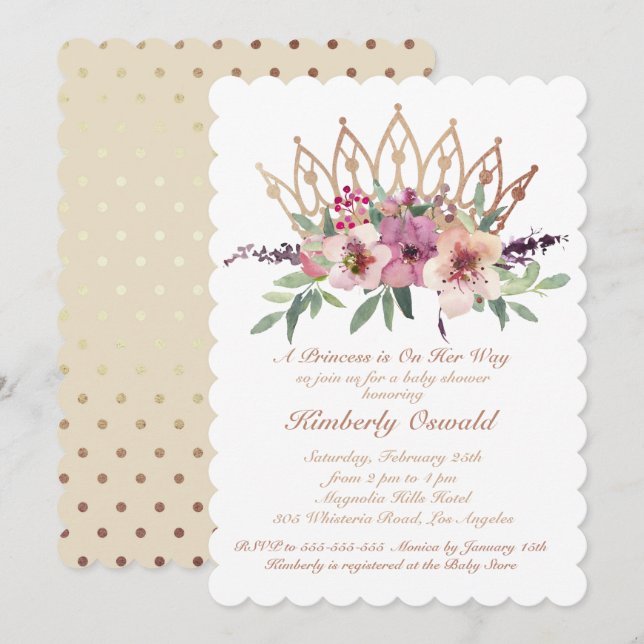 Invitation Rose Gold Couronne Blush rose Floral Baby Girl Dou (Devant / Derrière)