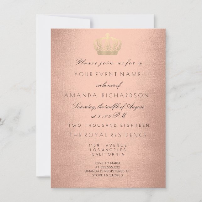 Invitation Rose Gold Couronne Parties scintillant royale 16e  (Devant)