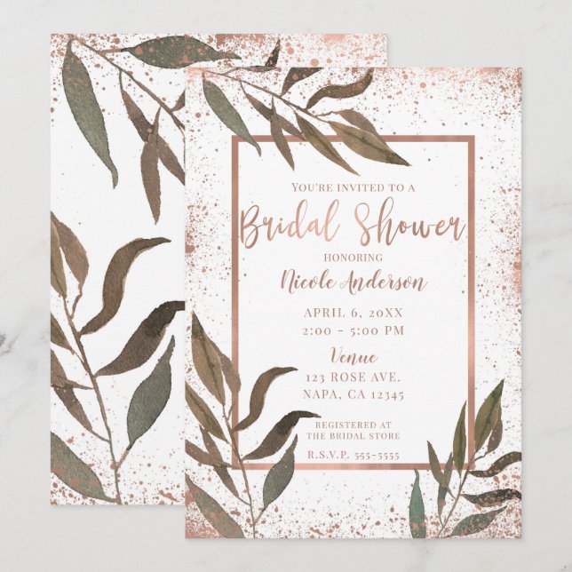 Invitation Rose Gold Cuivre Botanique Glam Réception de Maria (Devant / Derrière)