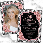 Invitation Rose Gold Damask Photo 50th Birthday<br><div class="desc">Elégante invitation à 50ème anniversaire fleurie avec votre photo au dos de la carte. Design noir et rose glam avec faux or rose parties scintillant. Caractéristiques noir et blanc damas motif, rose roux, police de script et confetti. Parfait pour une fête anniversaire adulte élégante. Personnalisez avec vos propres détails. Peut...</div>