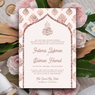 Invitation Rose Gold Damassé en Rose à Joues Arc de Mariage M