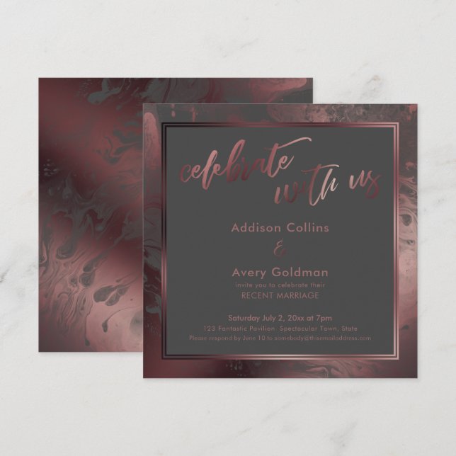 Invitation Rose Gold & Dark Grey Marble Célébrez avec nous (Devant / Derrière)