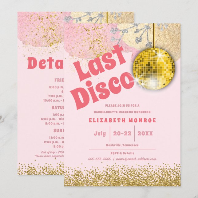 Invitation Rose Gold Dernière Disco Rétro Glam Enterrement de (Devant / Derrière)