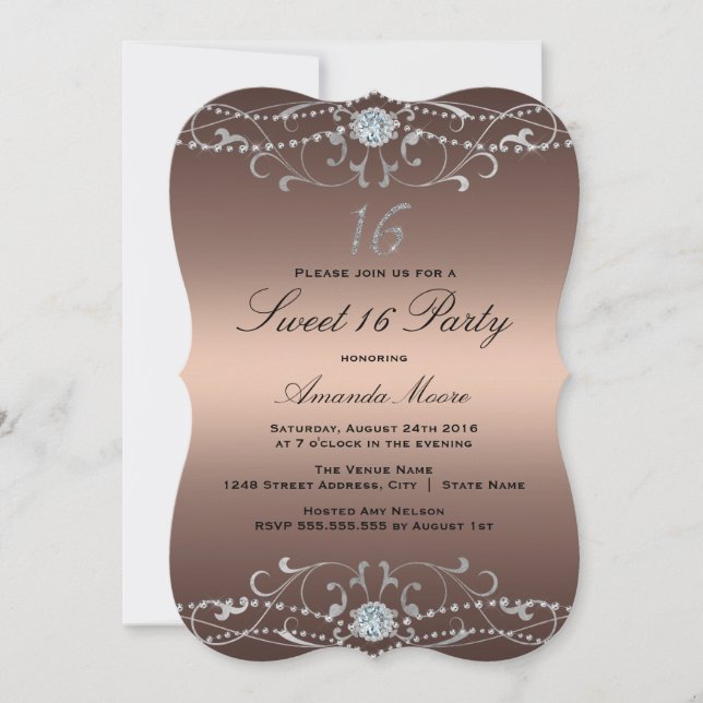 Invitation Rose Gold Diamant Damassé Sweet 16 (Devant)