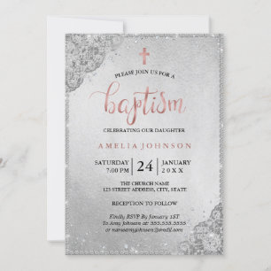 Invitation Rose Gold Diamond Dentelle Croix Baptême