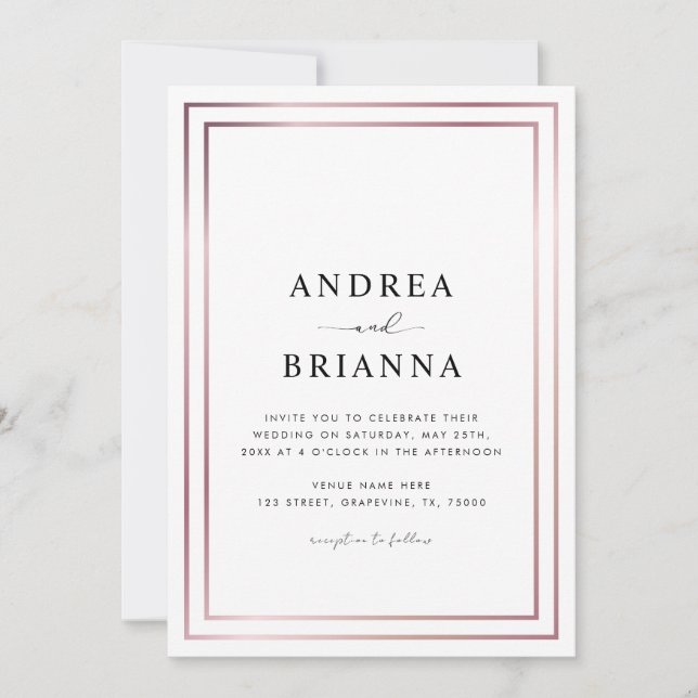 Invitation Rose Gold double bordure cadre tout en un Mariage (Devant)