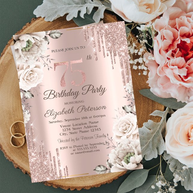 Invitation Rose Gold, Drips de Paillettes, Fleurs Blanches 75 (Créateur téléchargé)