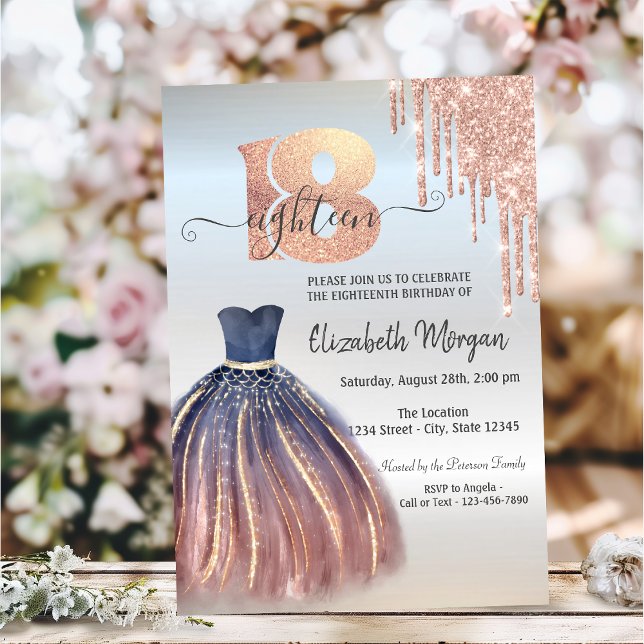 Invitation Rose Gold  Drips Robe Chic Argent 18e Anniversaire (Créateur téléchargé)