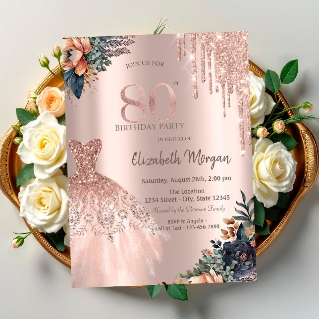 Invitation Rose Gold Drips Robe Fleurs Maussades 80e Annivers (Créateur téléchargé)