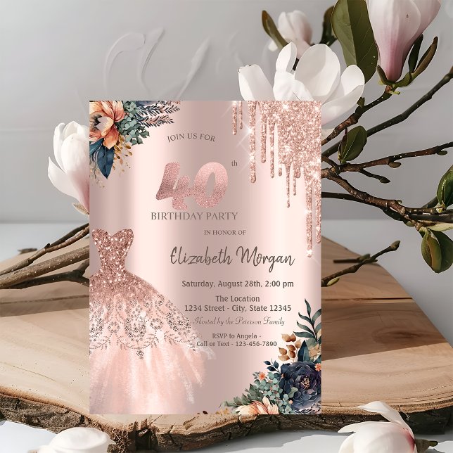 Invitation Rose Gold Drips Robe Moody Flowers 40e anniversair (Créateur téléchargé)