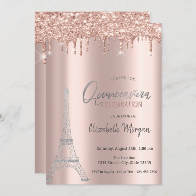 Invitation Rose Gold Drives, Tour Eiffel Quinceanera Invitati (Devant / Derrière)