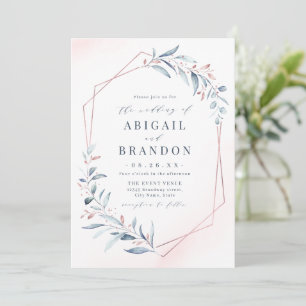 Invitation Rose Gold Dusty Blue Greenery Mariage géométrique