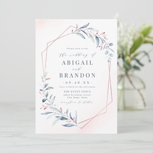 Invitation Rose Gold Dusty Blue Greenery Mariage géométrique (Debout devant)