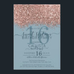 Invitation Rose Gold Dusty Blue Parties scintillant Confetti<br><div class="desc">L'invitation élégante, glamour et moderne à la fête d'anniversaire de sweet sixteen est parfaite pour la jeune adolescente contemporaine et élégante. Il présente un bloc de couleur pointu rose en or brillant imitation parties scintillant confetti sur un arrière - plan bleu poussiéreux simple avec un grand numéro "16" dans un...</div>