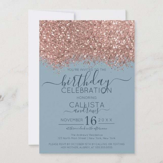 Invitation Rose Gold Dusty Blue Parties scintillant Confetti  (Devant)