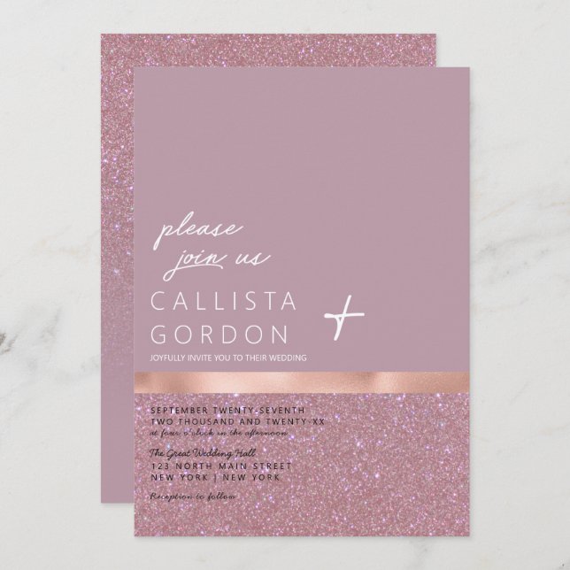 Invitation Rose Gold Dusty Mauve Parties scintillant couleur  (Devant / Derrière)
