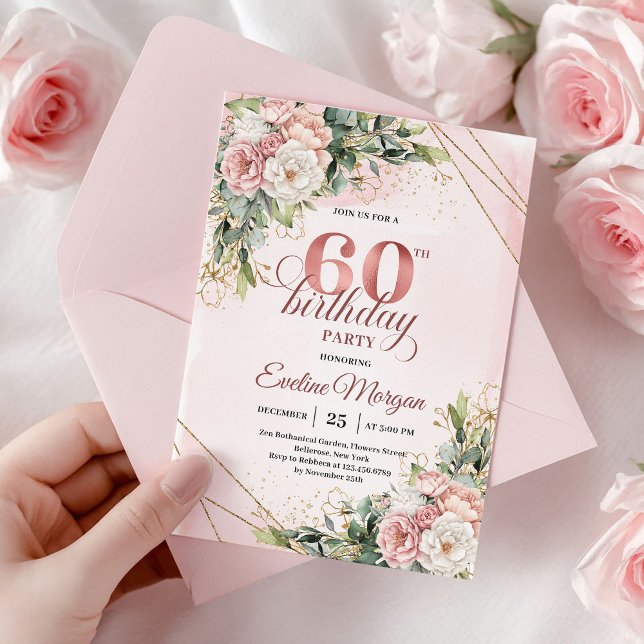 Invitation Rose Gold Dusty Pink Floral 60th Birthday Invite (Rose gold floral 60th birthday,
editable custom digital printable,
budget birthday invitation invite)