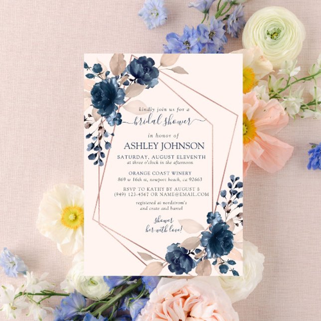 Invitation Rose Gold Dusty Pink Navy Fête des mariées florale (Créateur téléchargé)