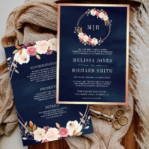 Invitation Rose Gold Dusty rose Floral  bleu Mariage