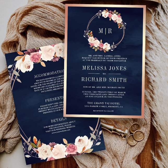 Invitation Rose Gold Dusty rose Floral  bleu Mariage (Créateur téléchargé)